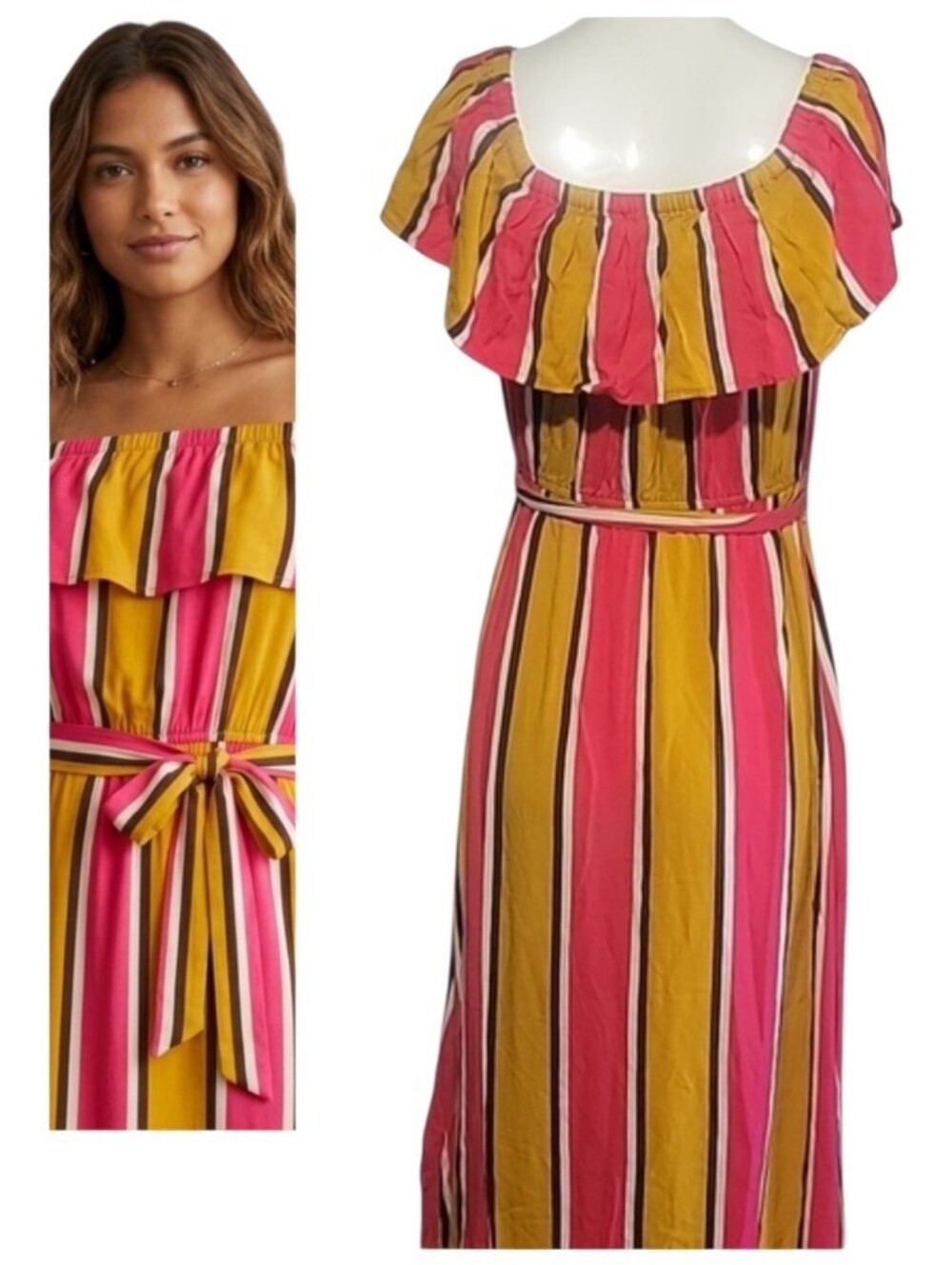 Forever 21 Pink & Mustard Striped One-Shoulder Maxi Dress